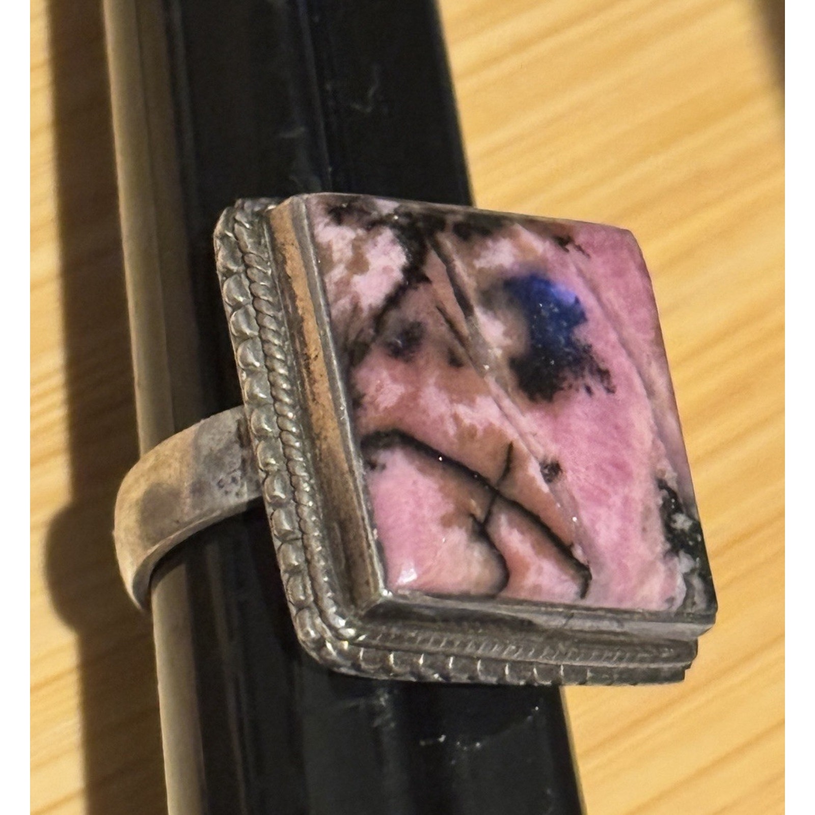 Estate Vintage Sterling Silver Rhodonite Artisan Geometric Statement Ring Size 9